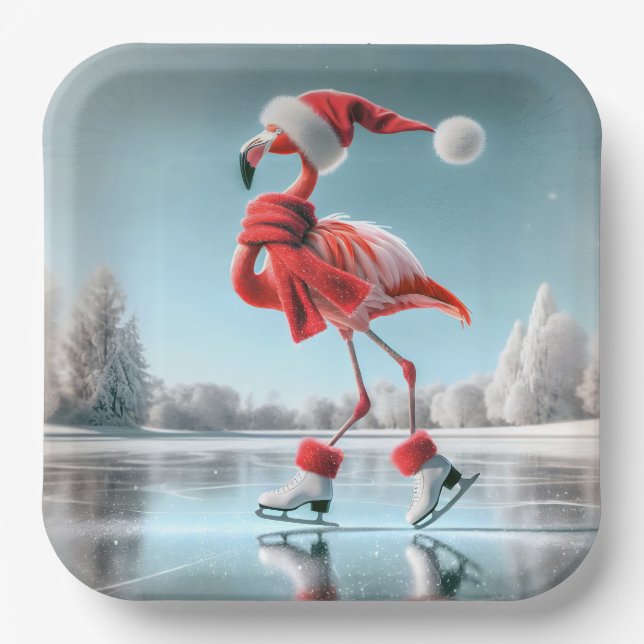Christmas Flamingo Ice Skating Paper Plate (Front)