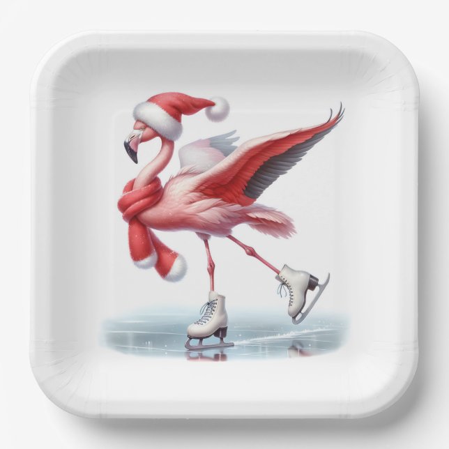 Christmas Flamingo Ice Skating Paper Plate (Front)