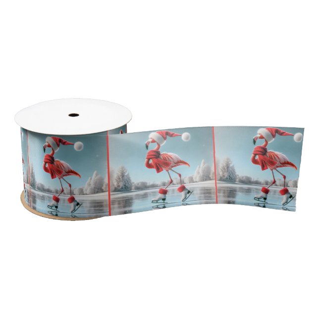 Christmas Flamingo Ice Skating Satin Ribbon (Spool)