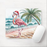 Christmas Flamingo On a Beach Mouse Pad<br><div class="desc">A flamingo wearing a Santa hat strolls along a sandy beach with waves gently crashing nearby</div>
