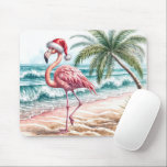 Christmas Flamingo On a Beach Mouse Pad<br><div class="desc">A flamingo wearing a Santa hat strolls along a sandy beach with waves gently crashing nearby</div>