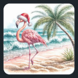 Christmas Flamingo On a Beach Square Sticker<br><div class="desc">A flamingo wearing a Santa hat strolls along a sandy beach with waves gently crashing nearby</div>