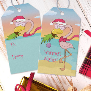 Christmas Flamingo on the Beach Cute Funny Cartoon Gift Tags