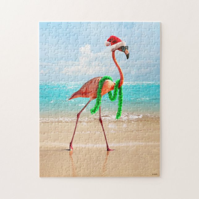 Christmas Flamingo on the Beach Jigsaw Puzzle (Vertical)
