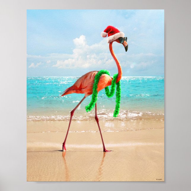 Christmas Flamingo on the Beach Poster (Front)