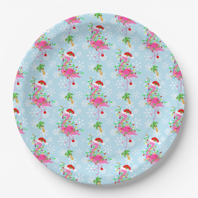 Christmas Flamingo Pattern Blue Paper Plate (Front)
