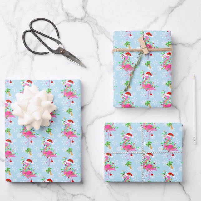 Christmas Flamingo Pattern Blue Wrapping Paper Sheet (Front)