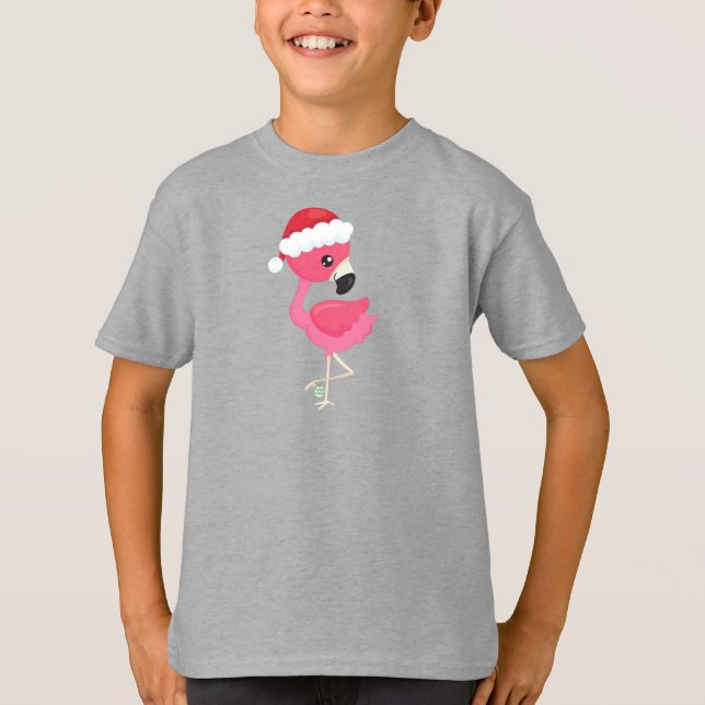 Christmas Flamingo, Pink Flamingo, Santa Hat, Bird T-Shirt (Front)