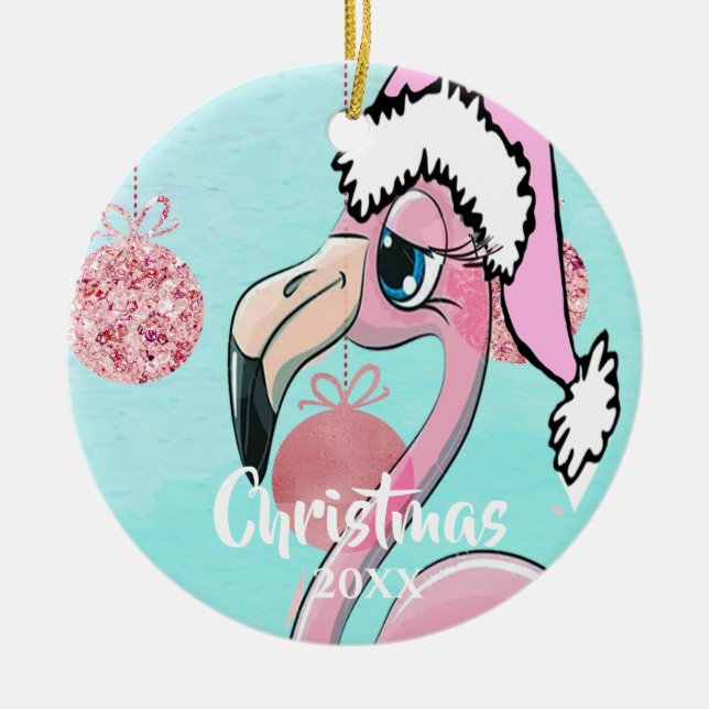 Christmas Flamingo Santa Hat Blue Pink Girly Cute Ceramic Tree Decoration (Front)