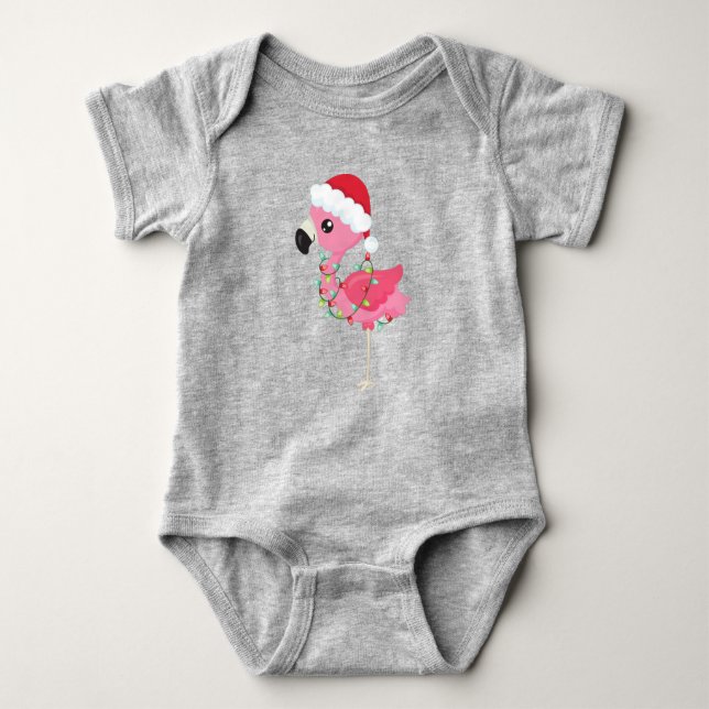 Christmas Flamingo, Santa Hat, Christmas Lights Baby Bodysuit (Front)