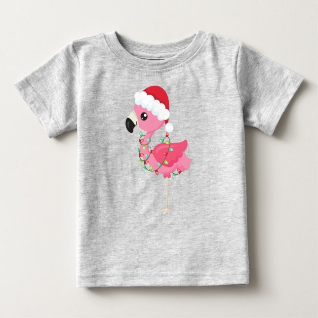 Christmas Flamingo, Santa Hat, Christmas Lights Baby T-Shirt (Front)