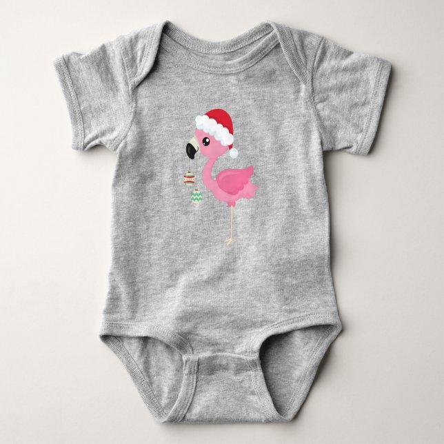 Christmas Flamingo, Santa Hat, Christmas Ornaments Baby Bodysuit (Front)