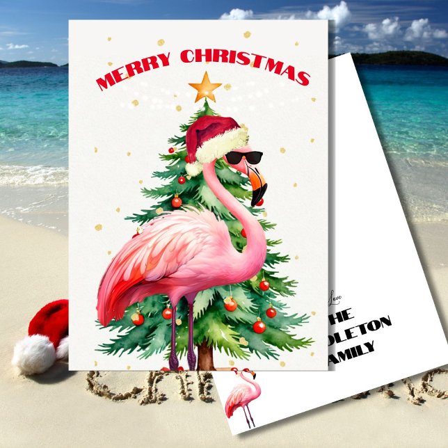Christmas Flamingo Santa Hat Gold Greeting  Invitation (Creator Uploaded)