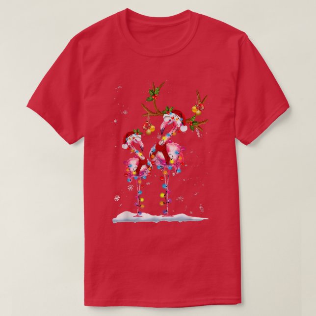 Christmas Flamingo Santa Hat Xmas Lights Flamingo  T-Shirt (Design Front)