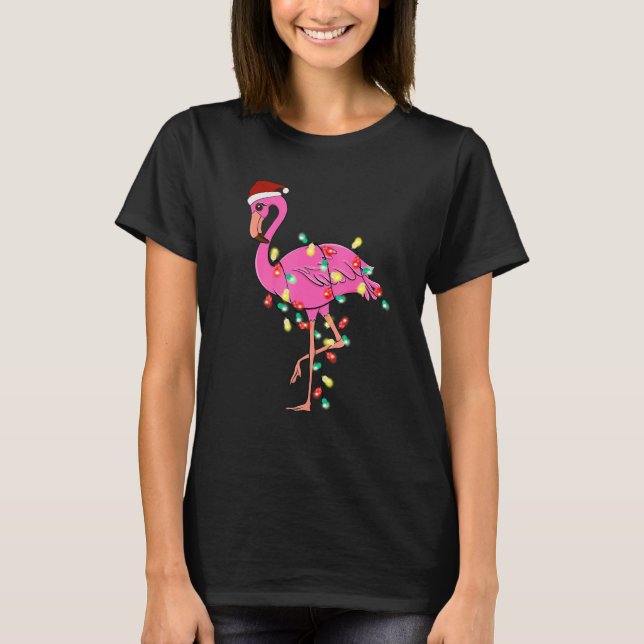 Christmas Flamingo Santa Hat Xmas Lights Flamingo  T-Shirt (Front)