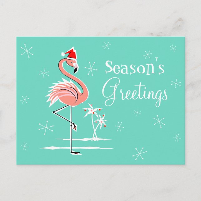 Christmas Flamingo Season's Greetings horizontal Holiday Postcard (Front)