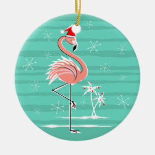 Christmas Flamingo Stripe Text ornament round