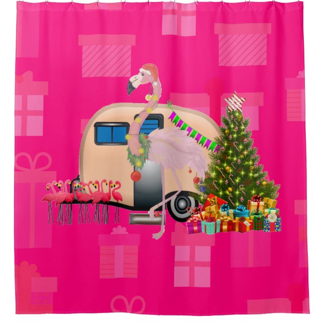 christmas flamingo trailer shower curtain (Front)