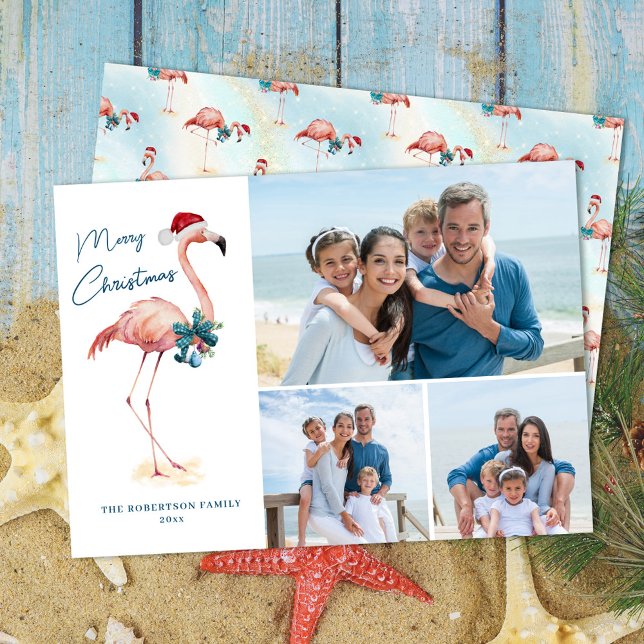 Christmas Flamingo Tropical Beach Photo Holiday Card (Creator Uploaded)