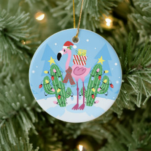 Christmas Flamingo with Cactus Ceramic Tree Decoration