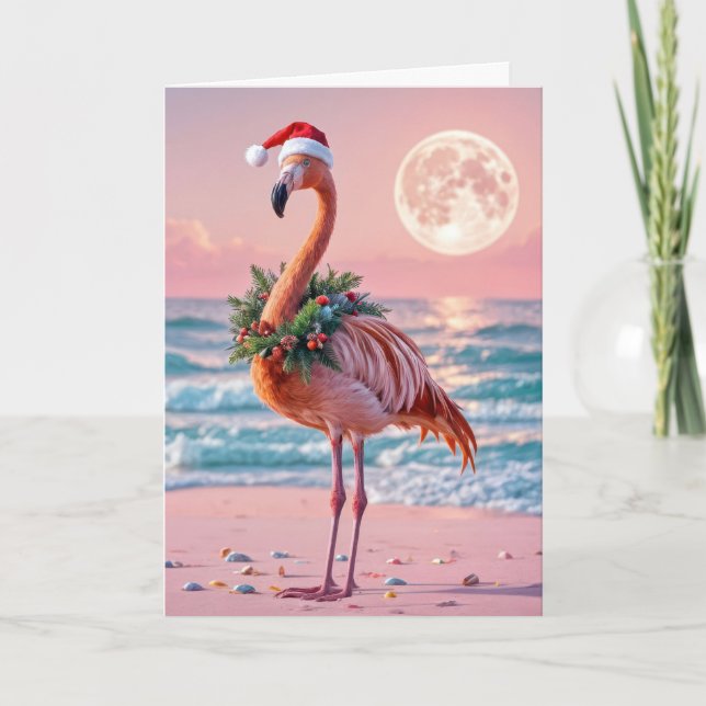 Christmas Flamingo With Holiday Wreath Card (Front)