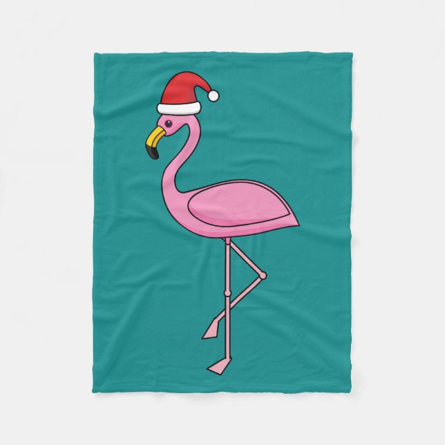 Christmas Flamingo with Santa Hat Fleece Blanket (Front)