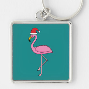 Christmas Flamingo with Santa Hat Key Ring