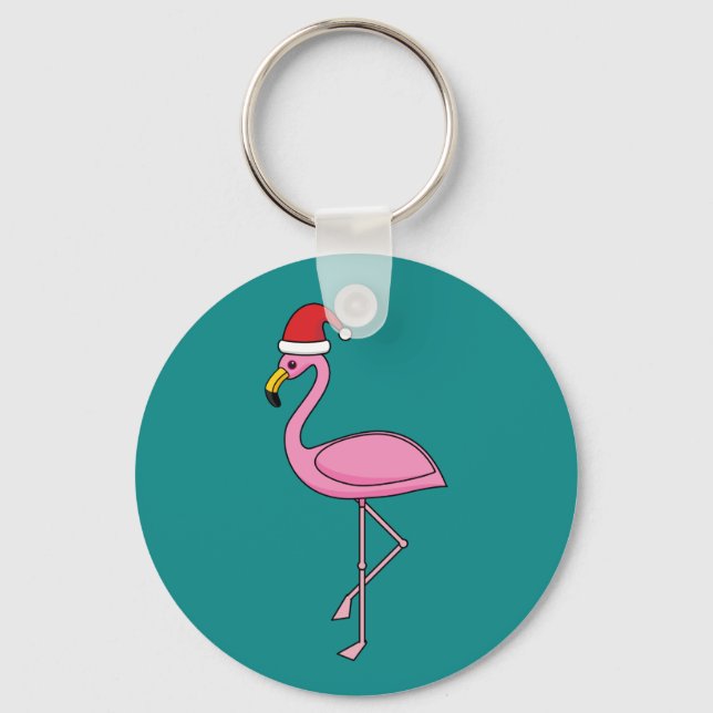Christmas Flamingo with Santa Hat Key Ring (Front)