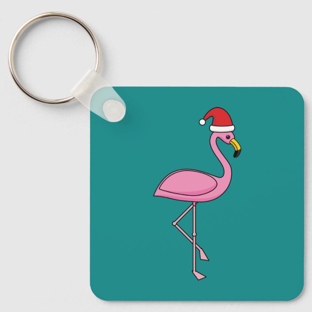 Christmas Flamingo with Santa Hat Key Ring (Front)