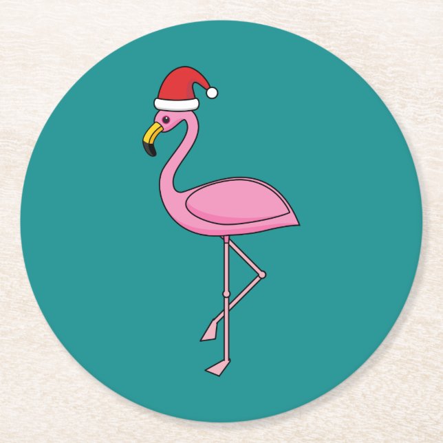 Christmas Flamingo with Santa Hat Round Paper Coaster (Front)