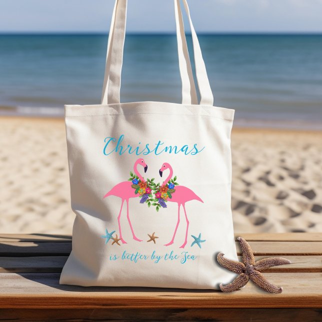 Christmas Flamingos By the Sea Saying Tote Bag (Creator Uploaded)