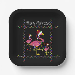 Christmas flamingos with Holiday lights on black Paper Plate