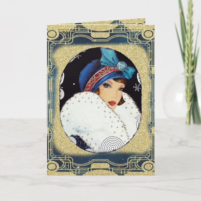 Christmas Flapper Girl Large White Fur Coat Holiday Card (Front)