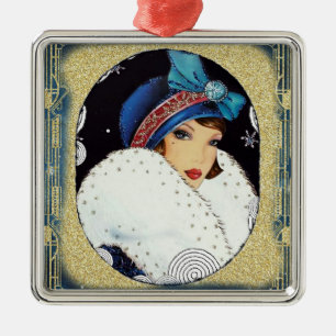 Christmas Flapper Girl Large White Fur Coat Metal Tree Decoration