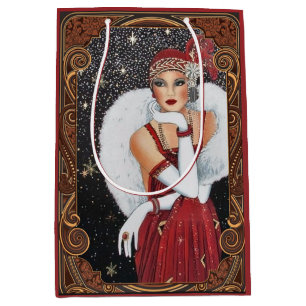 Christmas Flapper Girl Ruby Red Dress Jewels Medium Gift Bag
