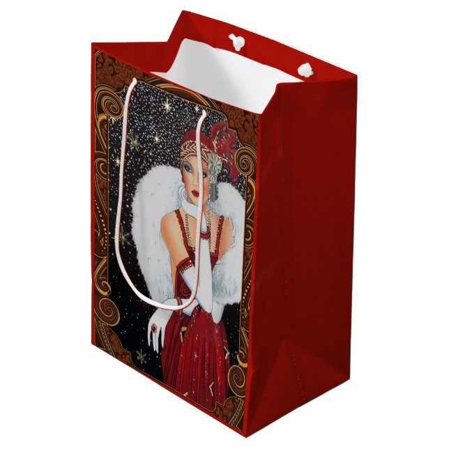 Christmas Flapper Girl Star-Drenched Night Sky Medium Gift Bag (Front Angled)
