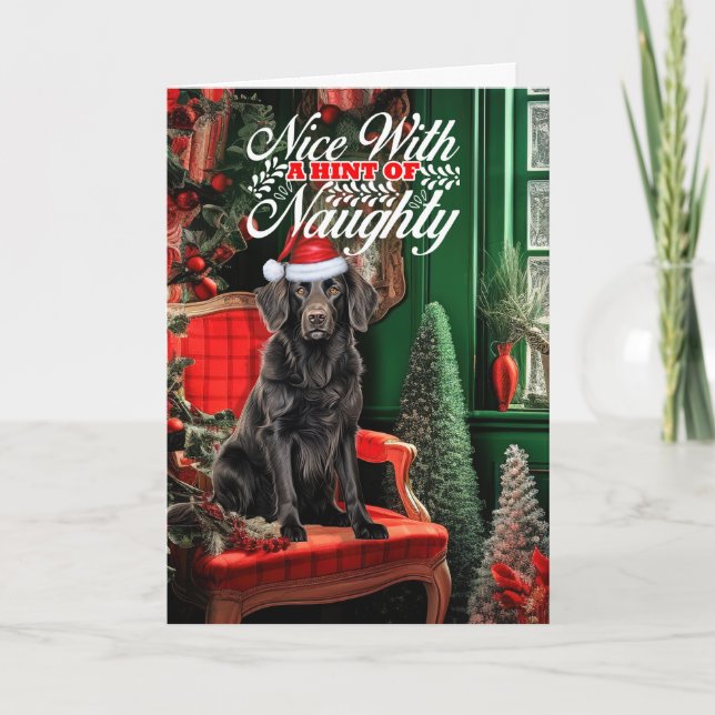 Christmas Flat Coat Retriever Dog Naughty or Nice Holiday Card (Front)
