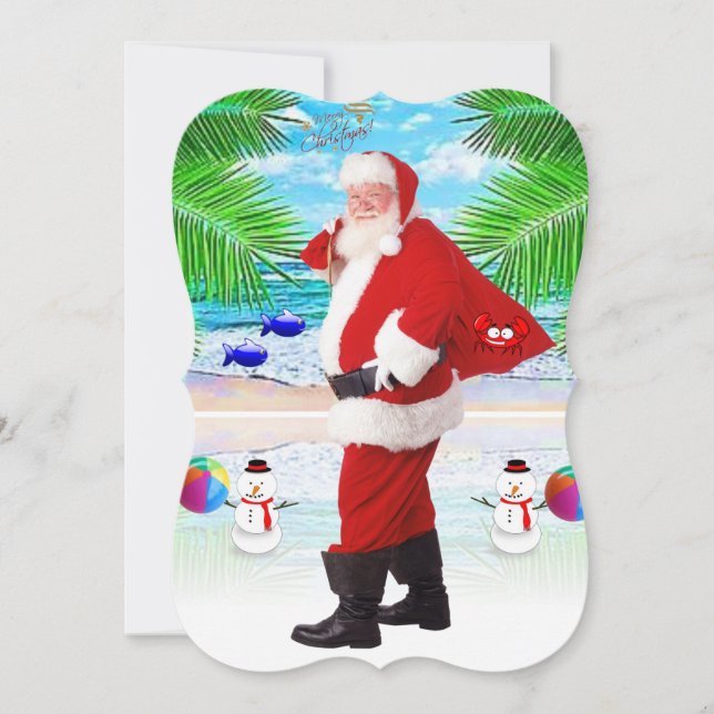 Christmas Flat Greeting Card, Summer Beach Santa Card (Front)