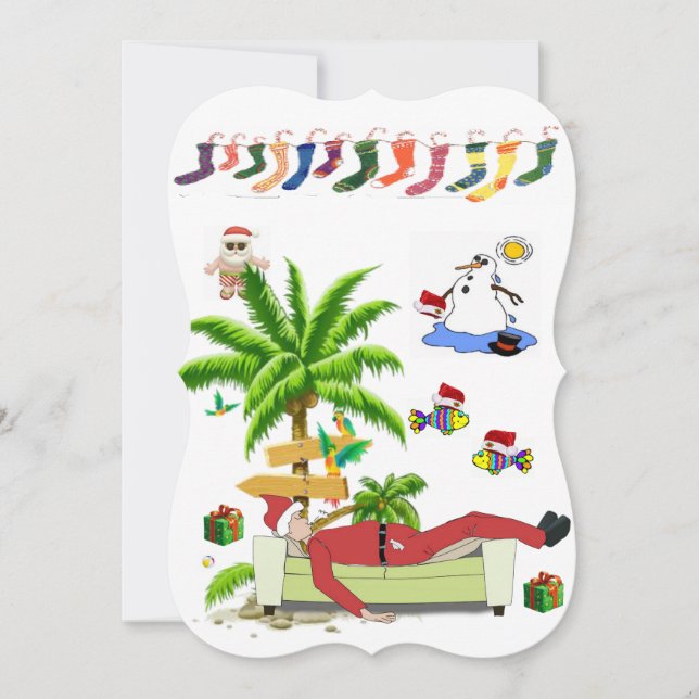 Christmas Flat Greeting Card, Summer Beach Santa Card (Front)