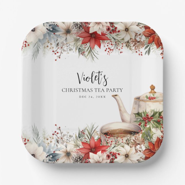 Christmas Floral Afternoon Tea Holiday Party Paper Plate (Front)