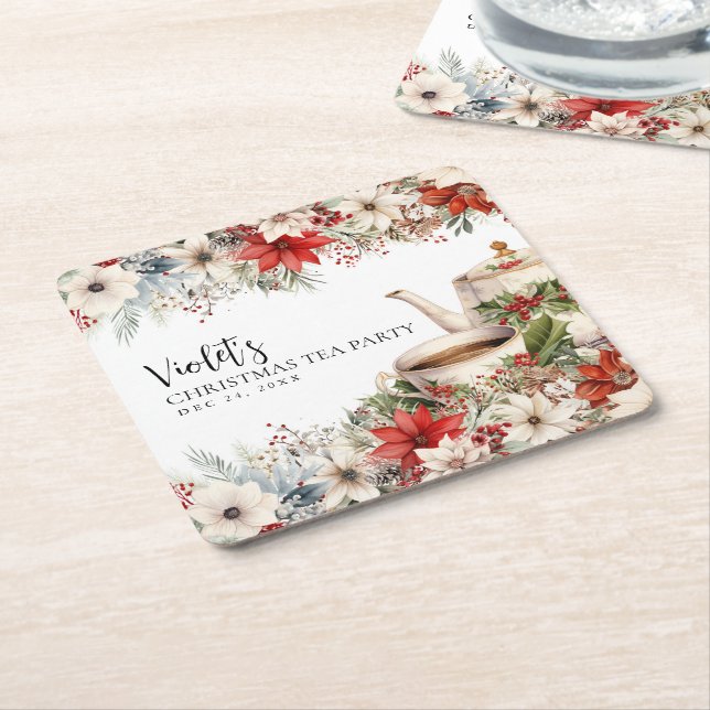 Christmas Floral Afternoon Tea Holiday Party Square Paper Coaster (Angled)