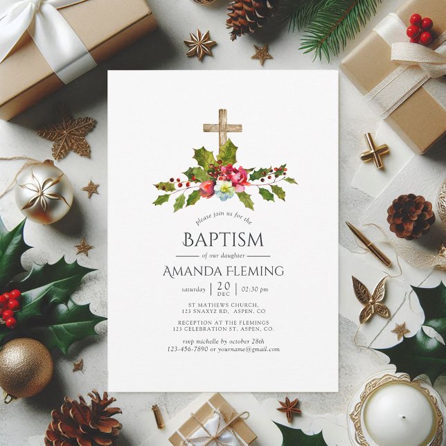 Christmas Floral Baptism or Christening Invitation (Christmas Floral Baptism or Christening Invitation)