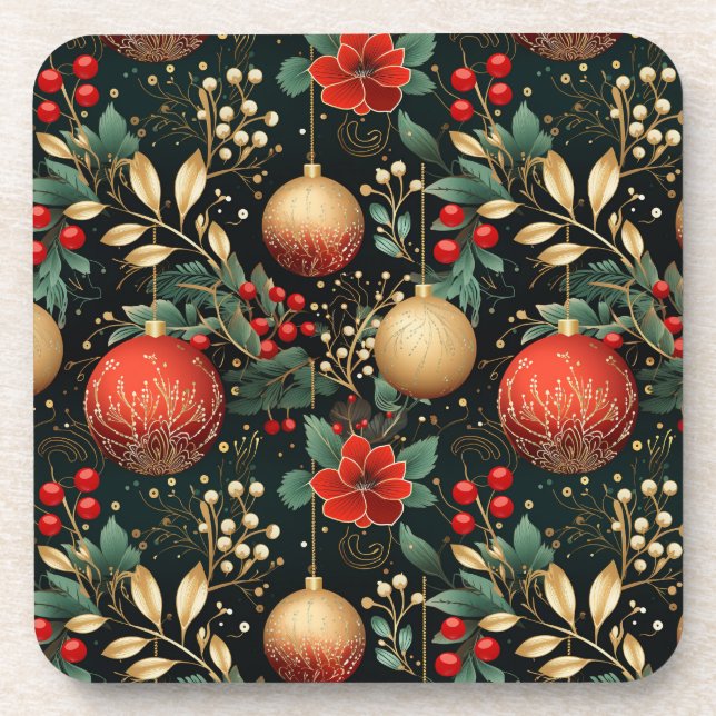 Christmas Floral Berry Gold Red Ornament   Coaster (Front)