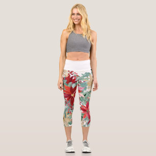 Christmas Floral Bird Art Capri Leggings