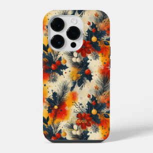 Christmas Floral Botanical Pattern with Name Quote iPhone 14 Pro Case
