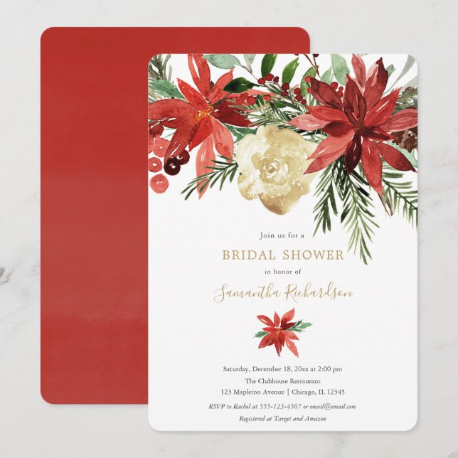 Christmas floral burgundy gold ivory bridal shower invitation (Front/Back)