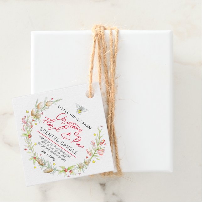 Christmas floral candle ingredient label hang tag (In Situ)