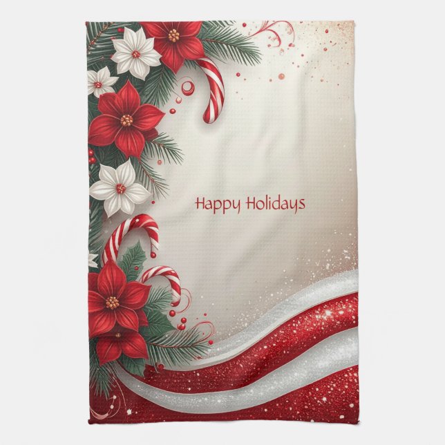 Christmas Floral Candy Canes Holiday Kitchen Towel (Vertical)