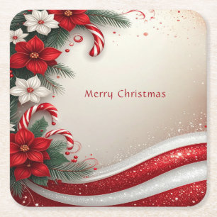 Christmas Floral Candy Canes Holiday Paper Coaster