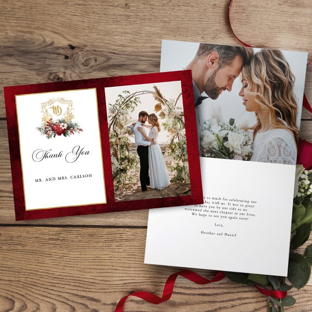 Christmas Floral Crest Monogram Photo Wedding Thank You Card (Creator Uploaded)